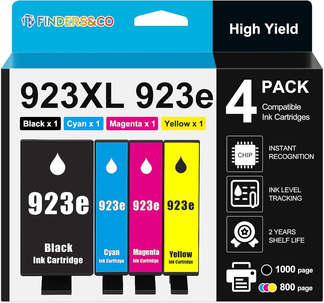 F FINDERS&CO 923e 923XL Ink Cartridges (with Chip) Compatible with HP 923 Ink Replacement for HP OfficeJet Pro 8120e 8122e 8130e 8125e 8135e 8138e 8139e Printer (BK/C/M/Y)