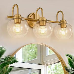 OUVR Gold Vanity Light, 3 Light Bathroom Light Fixtures, Modern Bathroom Vanity Lights Fixtures Over Mirror with Clear Glass Globe Shade, Gold Wall Sconces for for Mirror Bathroom Hallway (E26 Base)