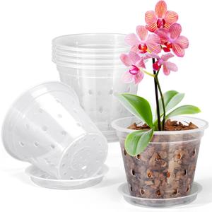 Orchid Pot, 6 Pack 5 Inch Clear Orchid Pots with Holes and Saucers for Repotting, Breathable Slotted Plastic Orchid Planters with Drainage for Root Health Indoor Outdoor (5 Inch)