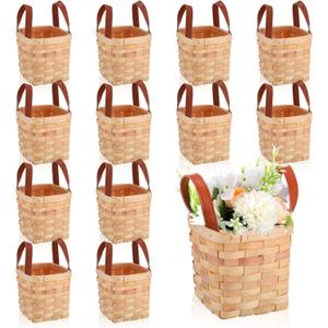 Rtteri 12 Pcs 4.5 x 4.5 x 4 Inch Woodchip Basket with Handles Small Wooden Decorative Woven Empty Baskets Picnic Square Mini Wicker Baskets Storage Basket Container for Organizing Snack Pantry