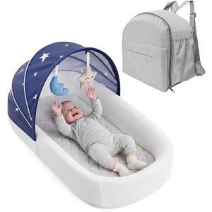 Portable Newborn Nest Lounger with Canopy & Mosquito Net-Lightweight Foldable Newborn Play Support & pad and Washable Cover, Indoor-Outdoor Use(Blue)