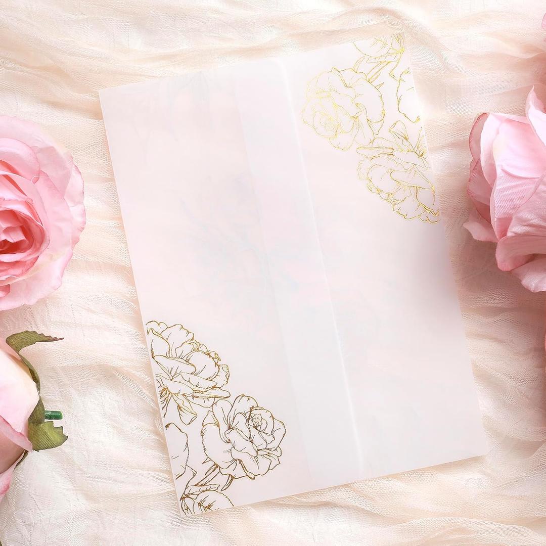 100 Pack Vellum Jackets for 5x7 Invitations - Pre-Folded Vellum Paper 5x7, 130GSM Translucent Wedding Invitations Wraps for Wedding, Baby Shower, Birthday Invitation (Gold Foil Rose Pattern)