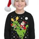 Tstars Trex Ugly Christmas Sweater Style Santa Riding Dino Youth Kids Sweatshirt Small Black, Small, Black 