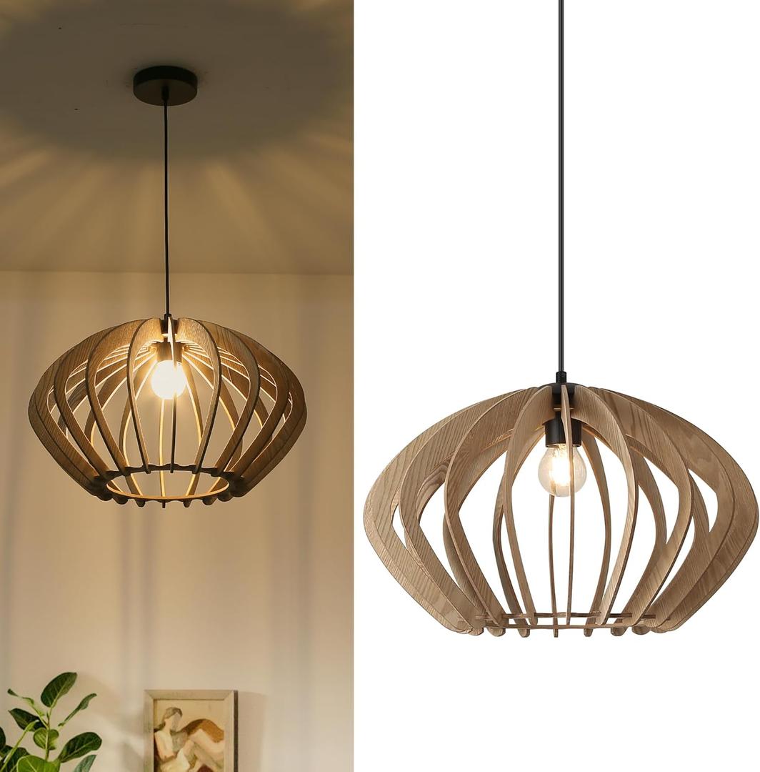 SUNLLOK Farmhouse Large Pendant Light for Kitchen Island, Industrial Woven Wicker Ceiling Hanging Lamp, Wood Basket Lampshade Chandelier for Living Room, Dining Room, Bar, Restaurant (Retro)