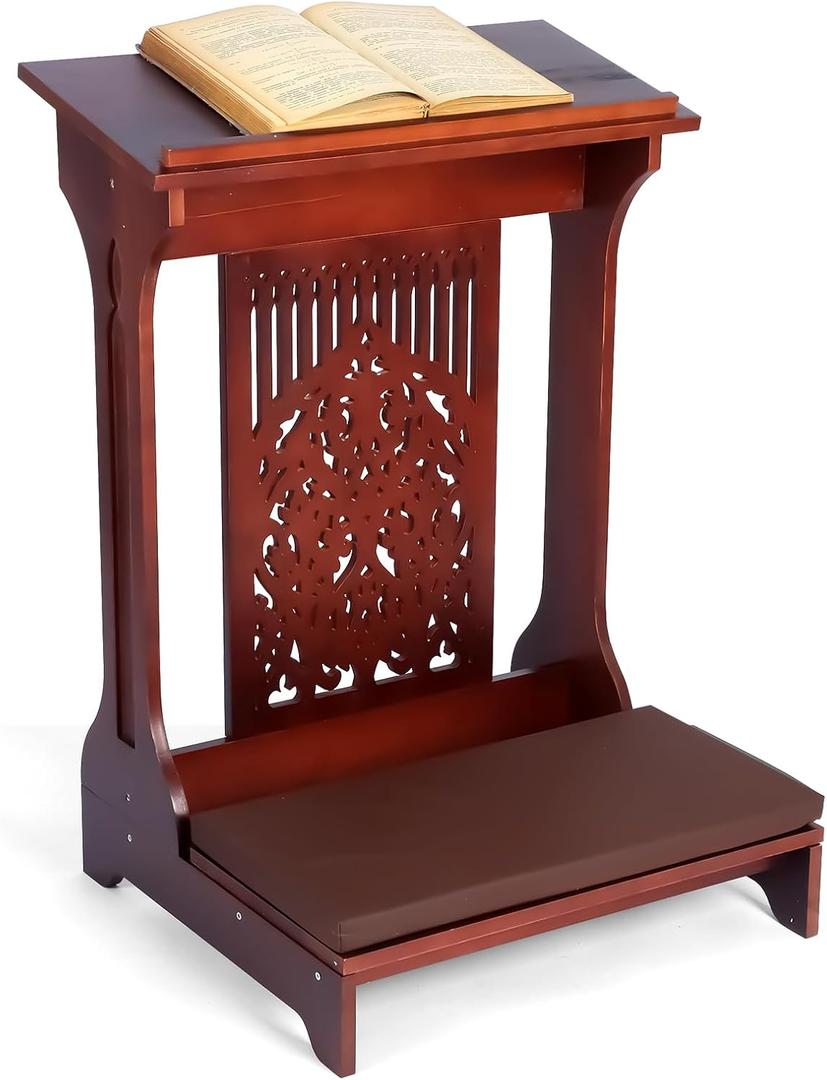 Colingmill Tree of Life Church Prayer Bench Stool Wooden Padded Kneeler with Shelf and Cushion Prayer Kneeler for Home Church Religious Gifts, 24 x 22 x 32 inches(Walnut Color)