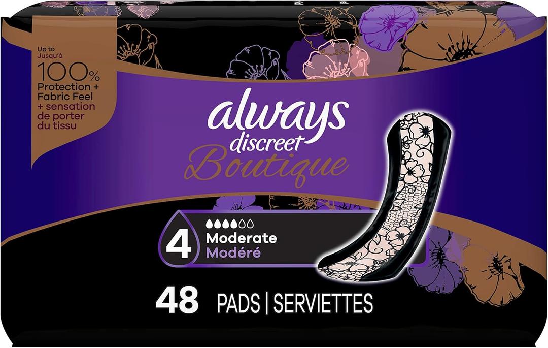 Always Discreet Boutique Incontinence Panty Liners for Bladder Leaks, Size 4, Very Light Absorbency, Long Length, 96 Count (2 Packs of 48)