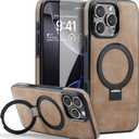 Casus Designed for iPhone 16 Pro Case Compatible with MagSafe Kickstand Vegan Leather Slim Classic Luxury Elegant Thin Protective Cover with Tempered Glass Screen Protector (2024) 6.3" (Brown)