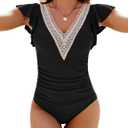 Blooming Jelly Womens Tummy Control Swimsuits Vintage Ruffle Bathing Suits Lace V Neck Swimwear (Large, Black)