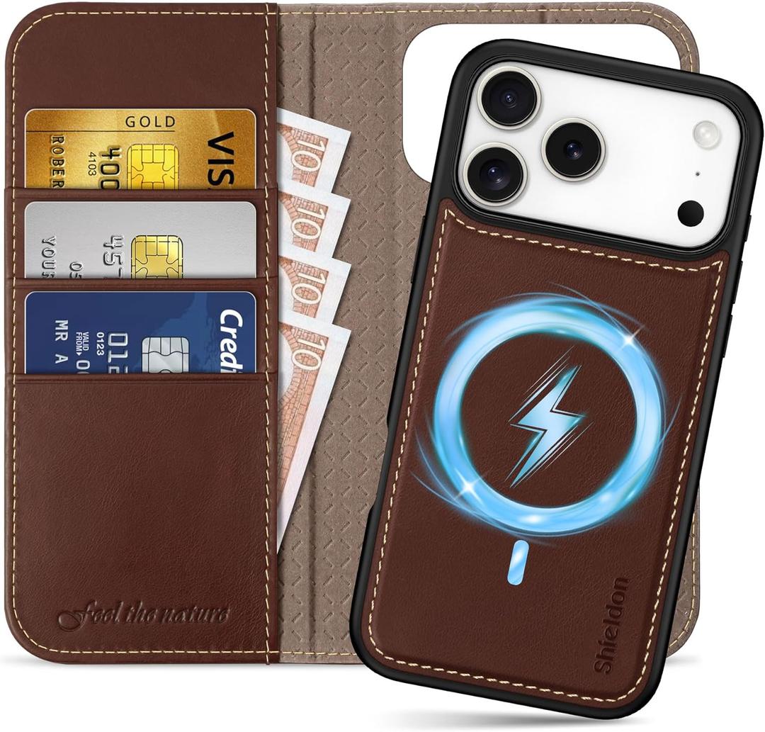 SHIELDON Detachable Leather Wallet Case for iPhone 17 Pro Max 6.9" 2025 | Wireless Charging, Removable Flip Magnetic Cover, RFID Blocking Credit Card Holder, Kickstand, Full Protection - Retro Coffee
