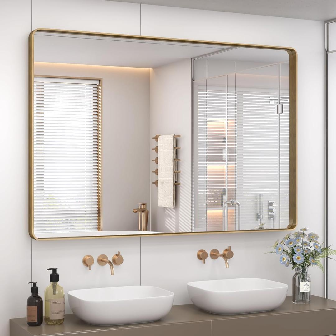 CHARMOR 48x36 Inch Gold Bathroom Mirror, Brushed Metal Framed Gold Wall Mirror, Modern Rounded Rectangle Brass Vanity Mirror, Shatterproof, Anti-Rust (Horizontal/Vertical)