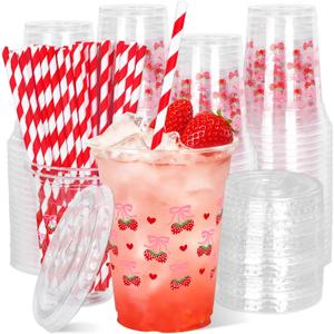 JarThenaAMCS 50Pcs Pink Bow Strawberry Disposable Plastic Cups with Lids and Straws 12Oz Cute Bowknot Strawberry Cold Beverage Drinking Cups for Summer Birthday Wedding Party Supplies, 3.9 x 2.2 x 4.3 inch