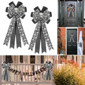 Super Holiday Halloween Decorations, 2PCS Black Halloween Skull Bow Wreaths for Front Door, for Wall Home Porch Party Indoor Outdoor Holiday Decor.
