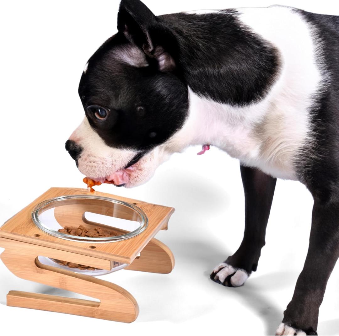 Stylish Pet Bowl with Bamboo Stand - Elevated Food Bowl for Cat and Dogs - Raised Feeding Bowl Feeder Dish with Wooden Stand Holder - Brown and Crystal Clear Raised Pet Bowl for Small Pets