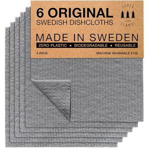 SUPERSCANDI 6 Pack Swedish Dishcloths for Kitchen - 100% Biodegradable & Compostable Reusable Paper Towels Washable, Food-Safe & Without Plastic - Dish Rags Suitable for Any Surface, Grey