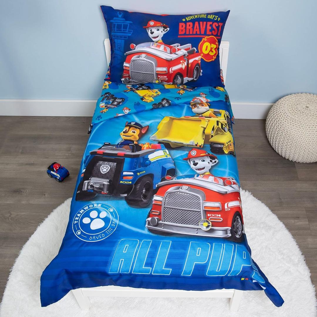Paw Patrol Calling All Pups 4 Piece Toddler Bedding Set  Includes Comforter, Sheet Set  Fitted + Top Sheet + Reversible Pillowcase for Boys Bed, Blue