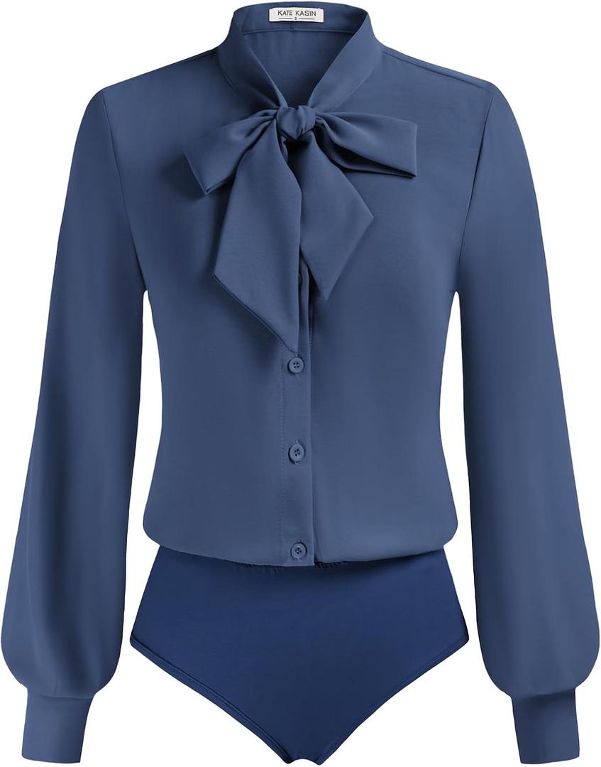 Kate Kasin Women Bow Tie Neck Office Blouse Button Down Long Sleeve Bodysuits Blouse Top, S