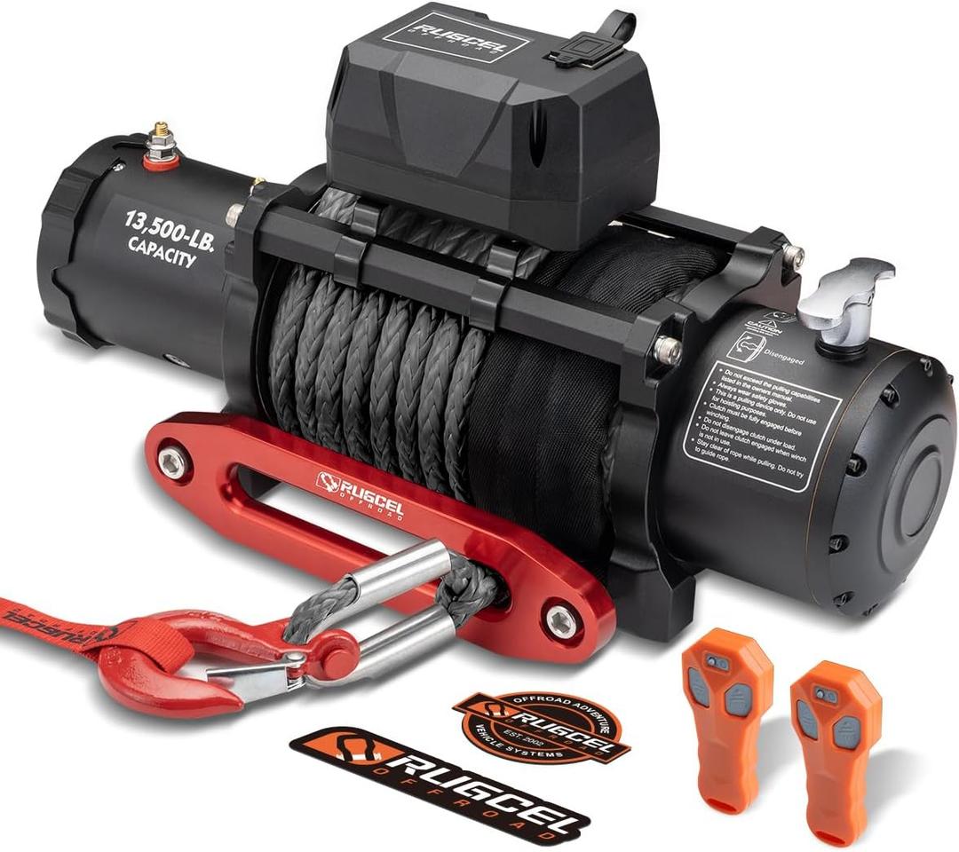 RUGCEL WINCH 13500lb Waterproof Electric Truck Winch 12V Synthetic Black Rope Winch with Hawse Fairlead,Wired Handle and 2 Wireless Remote,for Trailer and Wrangler in Car Lift
