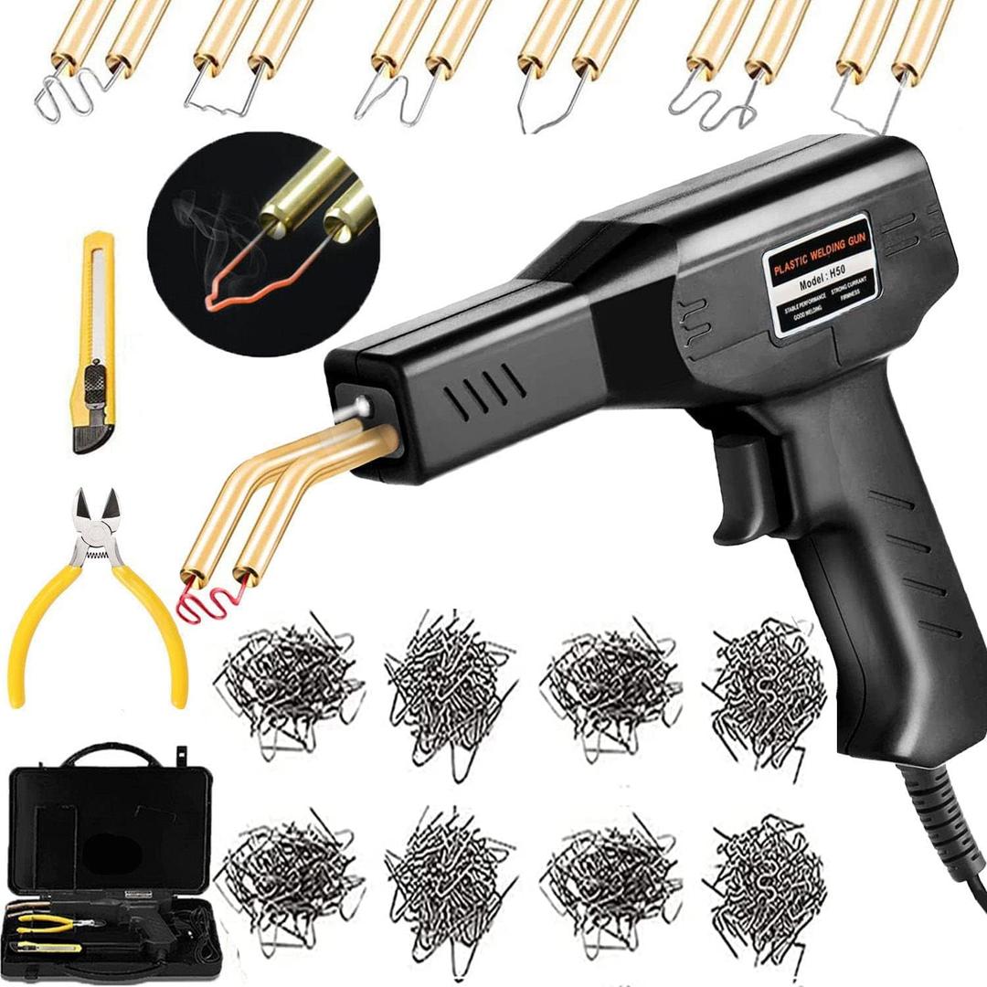 Plastic Welding Machine Car Bumper Repair Kit,Hot Stapler Plastic Repair Welder Soldering Kit,6Types 1050 Staples,Hot Staple Gun Plastic Welder&Flat/Outside Corner/Inside Corner/Wave Staples (Black)