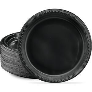 PLASTICPRO 200 PCS Black Plastic Plates Light Weight 10'' Inch Plastic Dinner Plates Black Plates Disposable for Party and Wedding