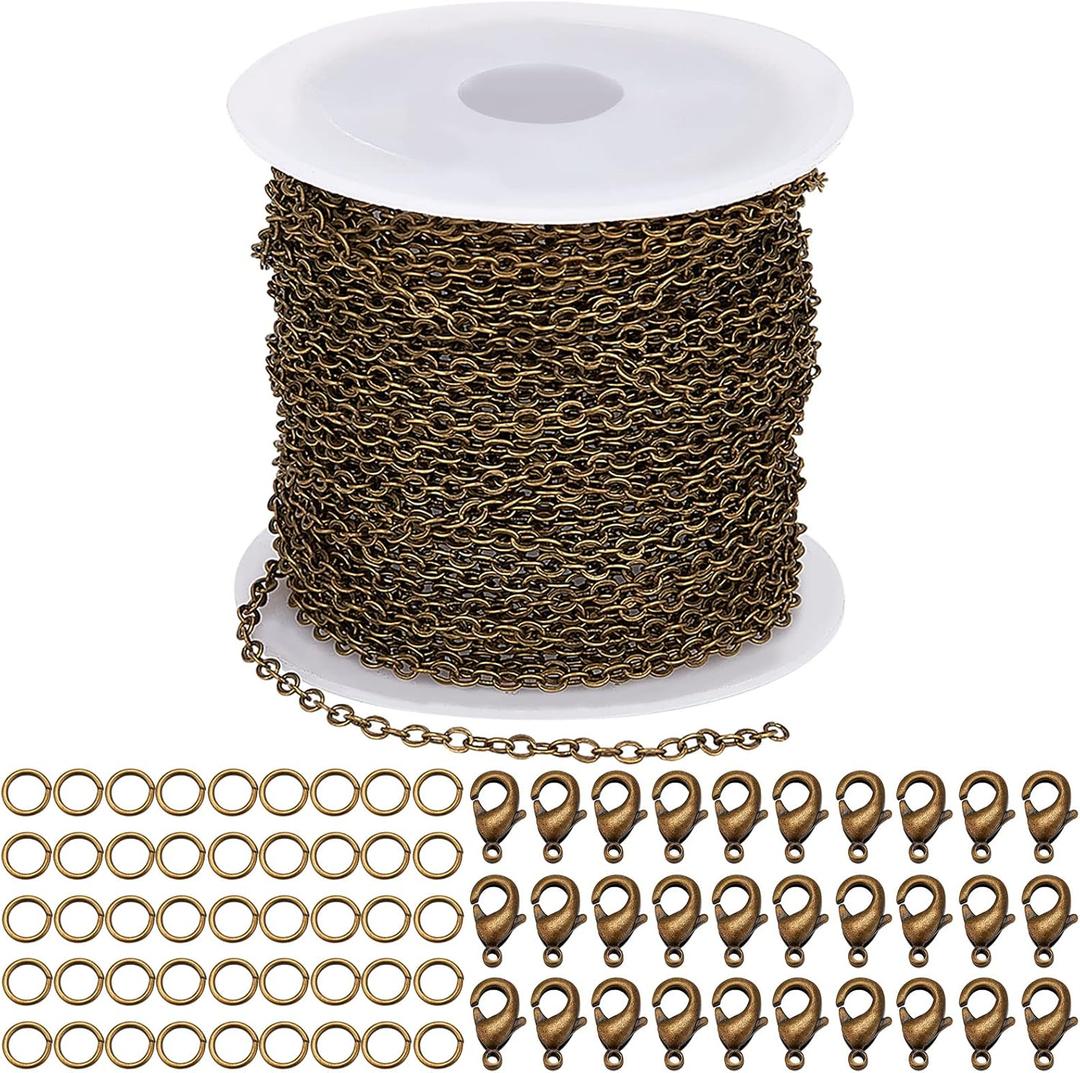 SUNNYCLUE 32.8Feet/10m Antique Bronze Chain Bulk Brass Curb Link 2.6x2x0.3mm Links Cable Chains for Jewelry Making Findings 100Pcs Iron Jump Rings 30Pcs Brass Lobster Clasps Necklace Bracelet Supplies