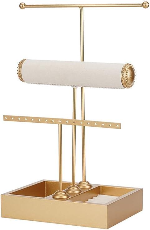 ChezMax Triple Tier Jewery Display Removable Bracelet Holder Jewelry Stand Necklace Stand Jewelry Towers and Watch Holder for Home Organization(T- Gold)