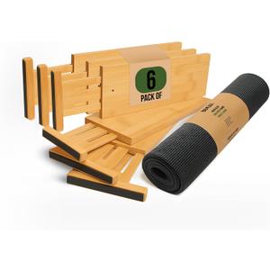 Adjustable Bamboo Drawer Dividers 6 Pack, Expandable Drawer Organizer for Kitchen, Bedroom, Bathroom and Dresser, Each Divider Expands from 12" to 17.5" Height 4.5  Free Mat Included in Package.