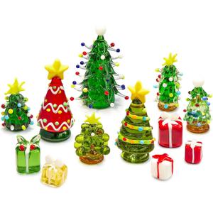 HDCRYSTALGIFTS 12PCS Mini Christmas Figurines Ornaments Blown Glass Christmas Tree & Gift Box Miniatures Tabletop Centerpieces, Festival Gifts for Winter Holiday Home Decor Craft Party