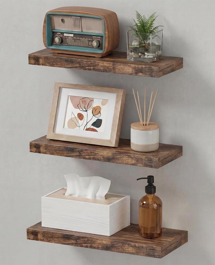 LifetimeWarranty Easy Install Floating Shelves,15.7 Inch Wall Mounted Wooden Floating Shelves, Small Wall Shelf for Storage&Home Decor, Living Room, Kitchen, Office, Corner Shelf for Bathroom,Set of 3