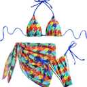 Women's 3 Piece Allover Print Swimsuit Halter String Bikini Sets with Mesh Cover Up Skirt (L)