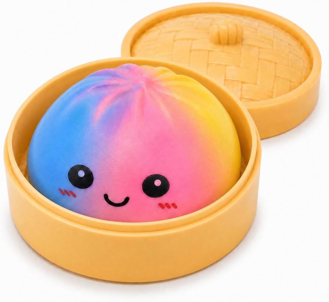 Colorful Dumpling Squishies Toys with Food Steamer,Squeeze Dough Fidget Sensory Stress Balls,Stretchy Hand Desk Toys for Stress Relief Squishies Dumpling Gifts,Pink&Blue&Yellow