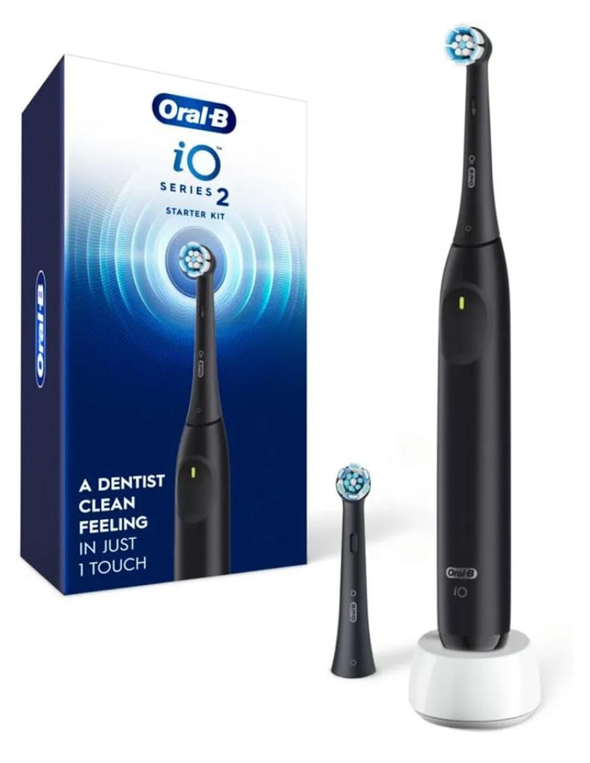 Oral-B iO Series 2 Rechargeable Electric Powered Toothbrush Starter Kit, Night Black with 2 Brush Heads - Automatic Pressure Sensor to Protect Gums - 3 Modes - 2 Min Timer