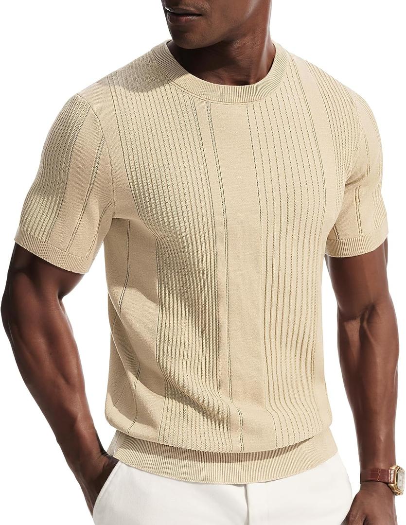 PJ PAUL JONES Mens T-Shirts Knit Tee Shirt Textured Crewneck Tee Short Sleeves T Shirt (Beige, XL)