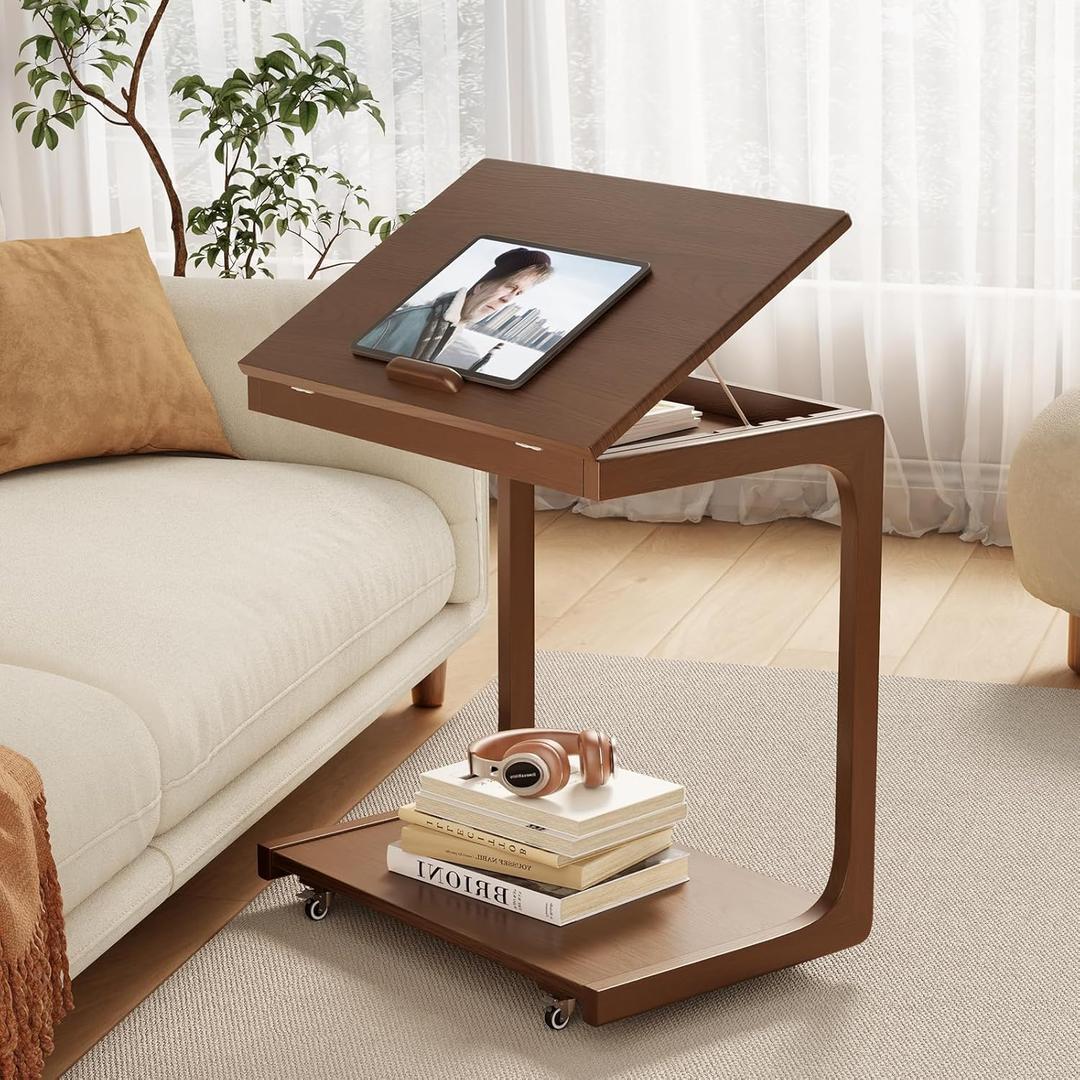 Wooden C-Shaped End Table,Couch Table with Adjustable Desktop,Small Rolling Side Table with 2 Lockable Wheels 23.36" Width,Small End Table for Couch, Living Room,Bedroom (Walnut)