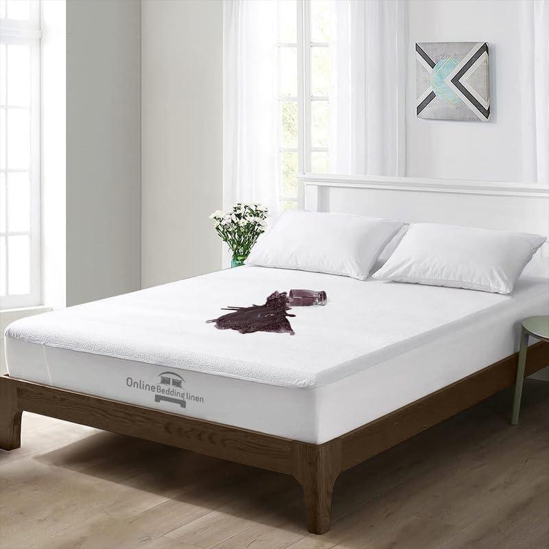 Online Bedding Linen California Queen Size 60"" x 84 with 18"" Inch Deep Pocket White Solid Mattress Protector Fitted Style 100% Waterproof Terry Cotton Vinyl-Free Matress Protector