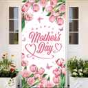 Happy Mothers Day Door Cover Pink Tulip Floral Mothers Day Decorations for I Love Mom Banner Photography Background Mom Gifts for Garden home Party Supplies