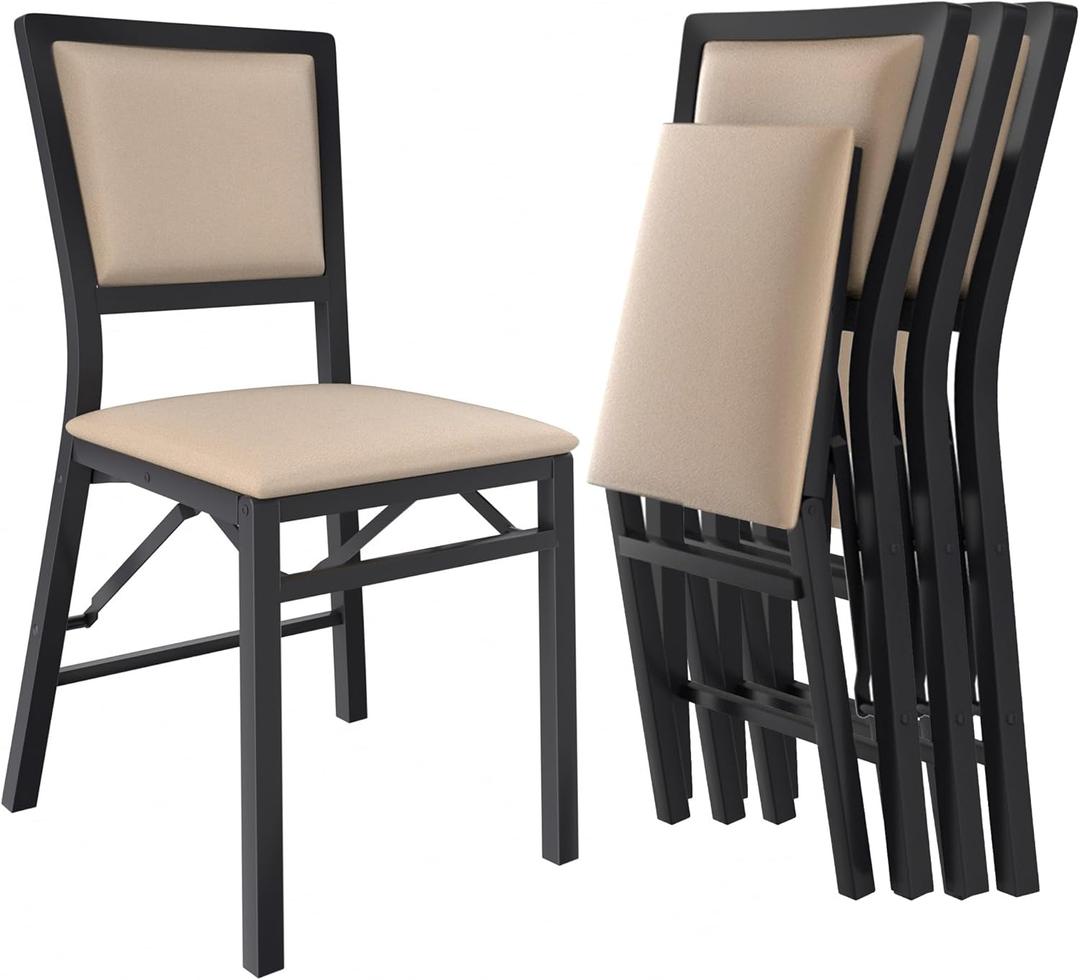 VECELO Folding Chairs Set of 2 with Cushion, Foldable Padded Seats with Heavy Duty Metal Frame for Kitchen/Dining/Living Room, No Assembly & Space Saving Design, Beige