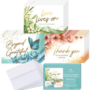 T MARIE 24 Gold Foil Funeral Thank You Cards With Message Inside - 4.5 x 6.25 Floral Bulk Sympathy Flower Thank You Cards with Words Inside - Bereavement Thank You Notes With Envelopes