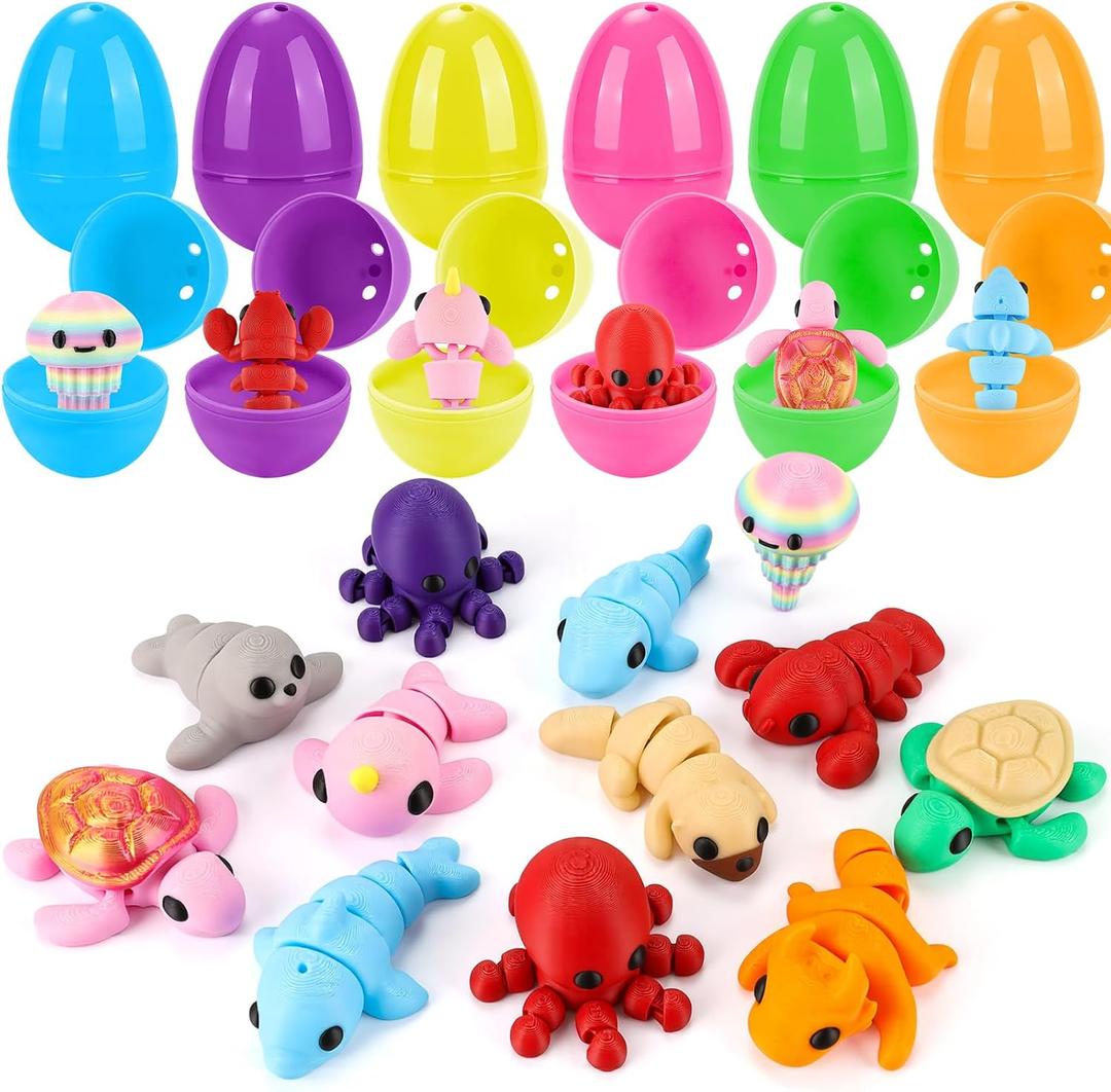 12 Pack Easter Eggs with 3D Printed Toys Easter Egg Fillers 3D Mini Sea Animals for Basket Stuffers Basket Essentials Egg Hunt Easter Gifts for Boys Girls
