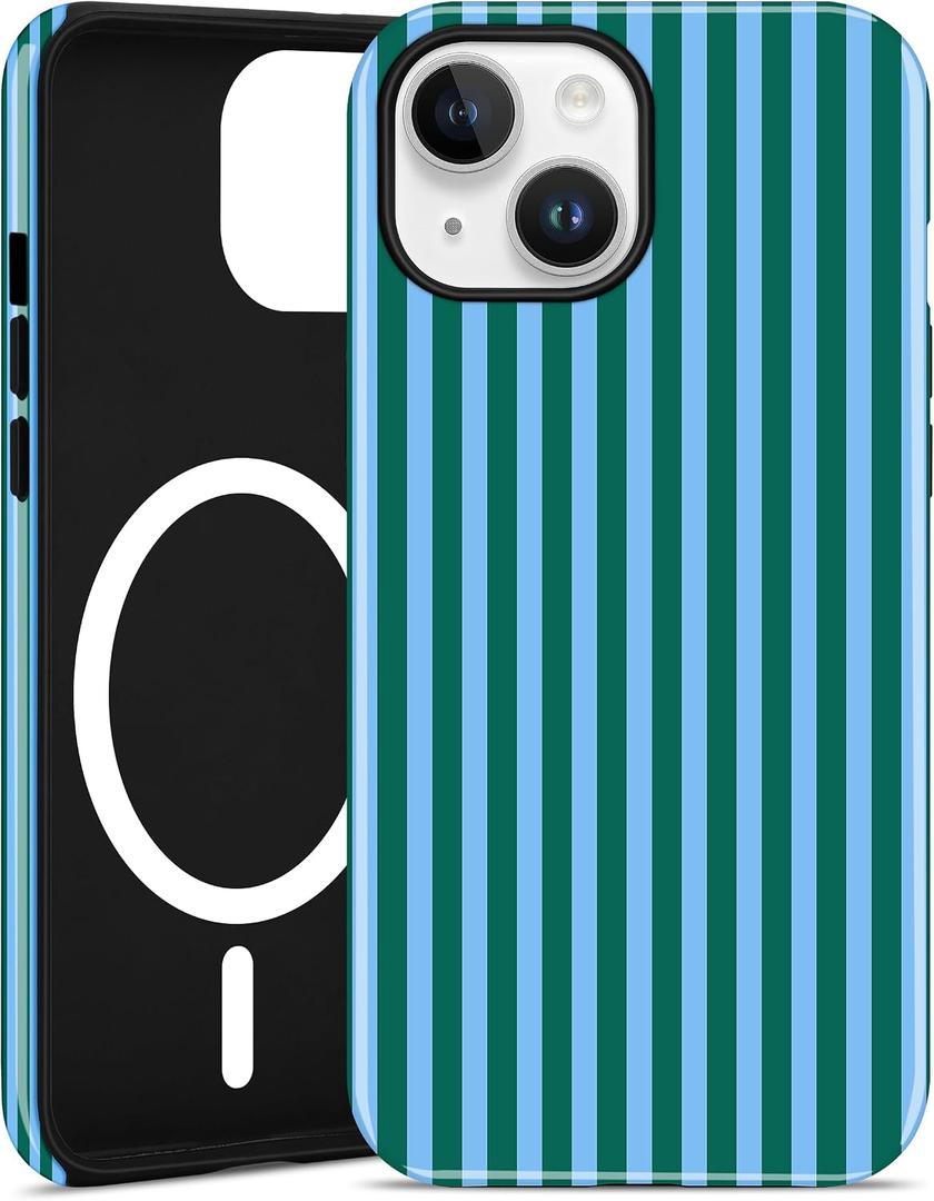 Magnetic Striped Phone Case for iPhone 15, Compatible with MagSafe, Cute Blue Green Aesthetic Stripe Soft TPU and Hard PC Shockproof Protective Phone Cover for Women Girls