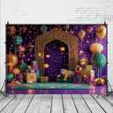 Arabian Moroccan Nights Party Backdrop Indian Style Purple Decoration with Gold Arches, Lanterns and Stars Suitable for Festive Celebrations (10x8FT)