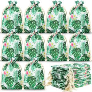 Coume 36 Pcs Hawaiian Tropical Gift Bags 4 x 6 Inch Small Luau Party Favor Bags Drawstring Luau Party Supplies Summer Palm Leaf Treat Bags Jewelry Pouches for Luau Birthday Party Gifts