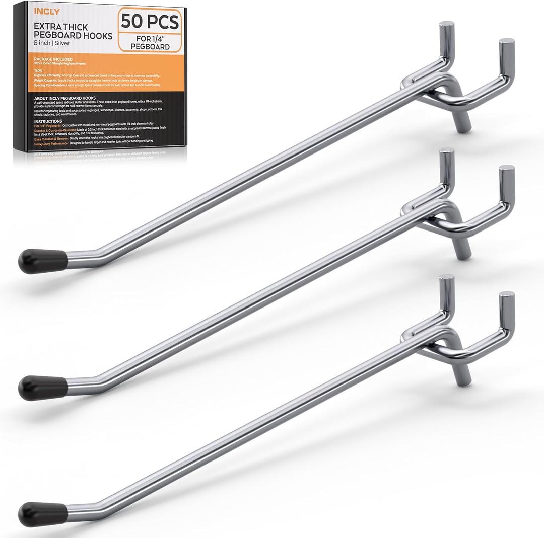 INCLY 50 Pack 6 Inch Pegboard Hooks, 1/4" Heavy Duty Peg Board Hooks Accessories with Rubber Tipped, Peg Board Tool Hangers Fit 1/4" Pegboard for Hanging Tools Garage, Craft Room, Kitchen, Store