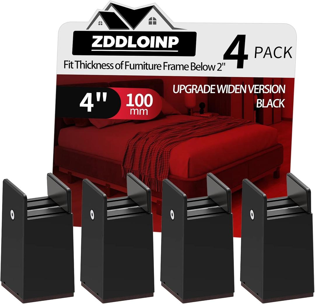 ZDDLOINP Bed Risers with Adjustable Screw Clamp, Fits Furniture Frame from 0 to 2 Inch, Furniture Risers 4 Inch Heavy Duty Risers for Lifting Couch Desk Cabinet Support up to 5000Ibs (Pack of 4, Black)