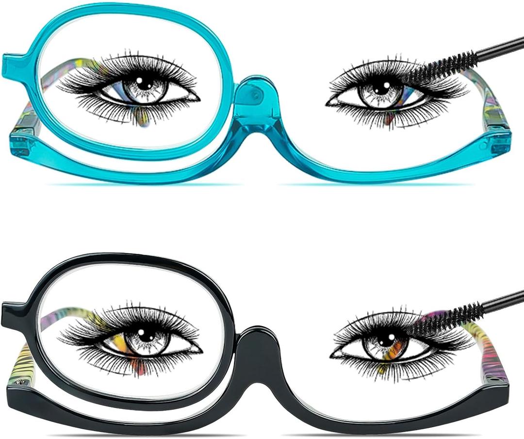 2 Pack Makeup Reading Glasses for Women Magnifying Flip Down Cosmetic Readers with Spring Hinge (Black+blue)