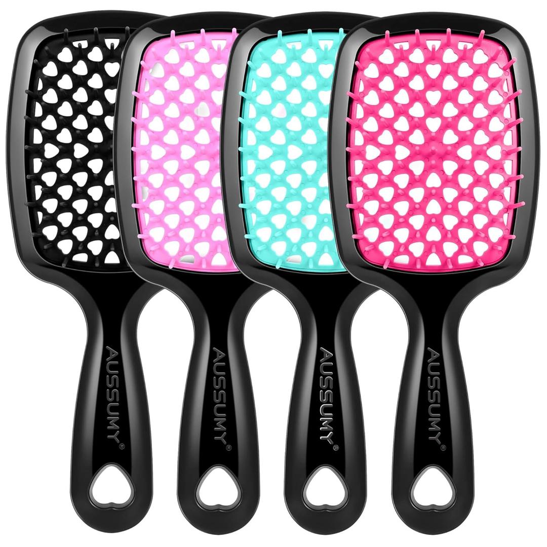 4 Pack Vented Detangling Hair Brush - Detangler Hairbrush with Soft Bristles for Effortless Tangle Free - Ideal for Wet Dry or Curly Hair for Women Men Kids (Black+Pink+Green+Magenta)