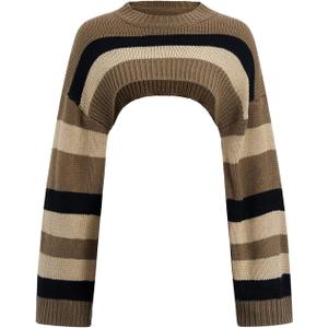 SOLY HUX Women's Color Block Striped Cropped Sweaters Drop Shoulder Long Sleeve Pullover Crop Tops Brown Striped Medium