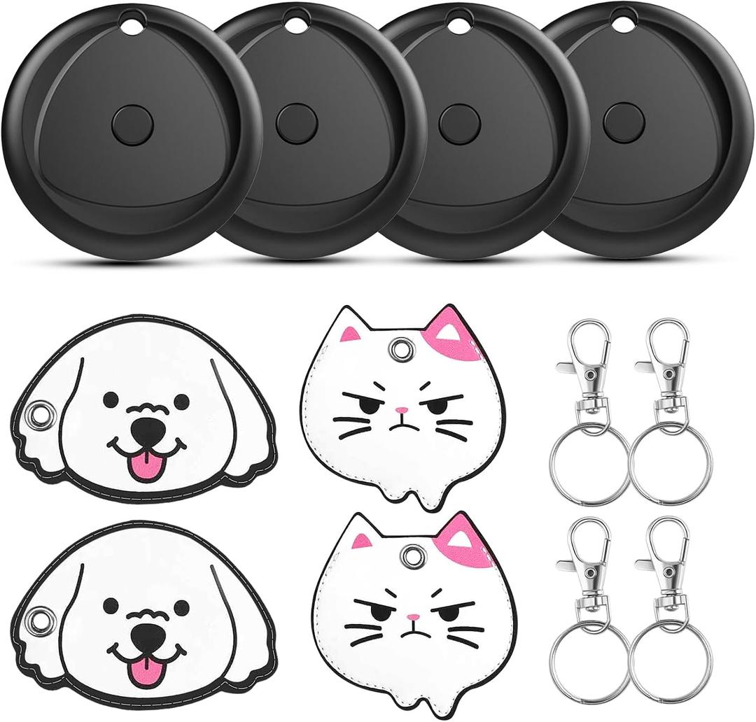 Air Tracker Tags-4 Pack and 4 Free Leather Keychain Holder Work with Apple Find My (iOS Only), Bluetooth Tracker Key Finder, Replaceable Battery Smart Tag Item Locator for Keys, Wallet, Luggage (Olive black)