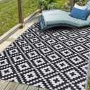 9' x 12' Plastic Straw Outdoor Patio & RV Rug - Large Floor Mat for Outdoors, RV, Patio, Backyard, Deck, Picnic, Beach, Trailer, Camping - Black & White Diamond