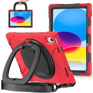 for iPad (A16) 11th/10th Generation Case 2025/2022 (11/10.9),Heavy Sturdy Shockproof Kids Case with Screen Protector, Rotating Stand/Pencil Holder/Shoulder Strap - (Red)