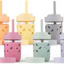Elk and Friends Kids + Toddler Glass Cups | The Original 8oz Glass Mason Jar with Sleeves + Lids | Silicone Straws + Stopper | Smoothie Cup | Food Storage | Spill Resistant | Dishwasher Safe | 8 Pack (Blush/Lilac/Peach/Lemon/MistyBlue/Gray/Sage/Navy)